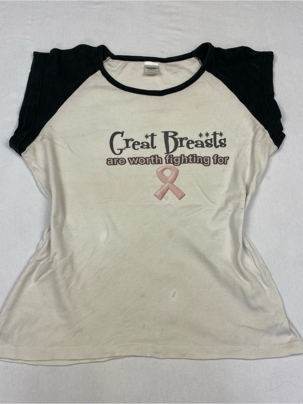 Women's Short Sleeve Raglan Tee with Pink Ribbon - White & Black